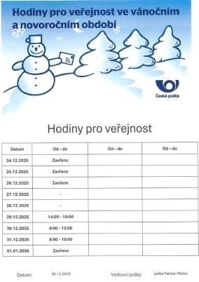 Hodiny pro&nbsp;veřejnost ve&nbsp;vánočním a&nbsp;novoročním období